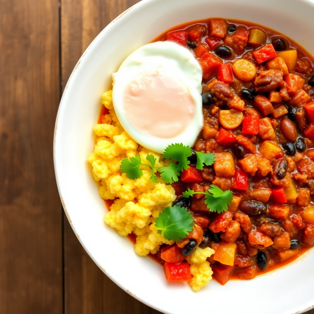 Hearty Vegetarian Chilli Con Carne Brunch with Egg Scramble