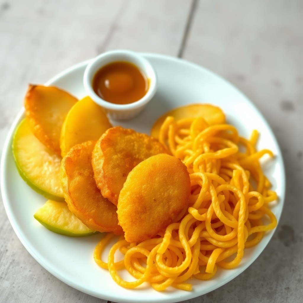 Deep Fried Apple with Honey Mustard Dip and Crispy Instant Indomie Noodles