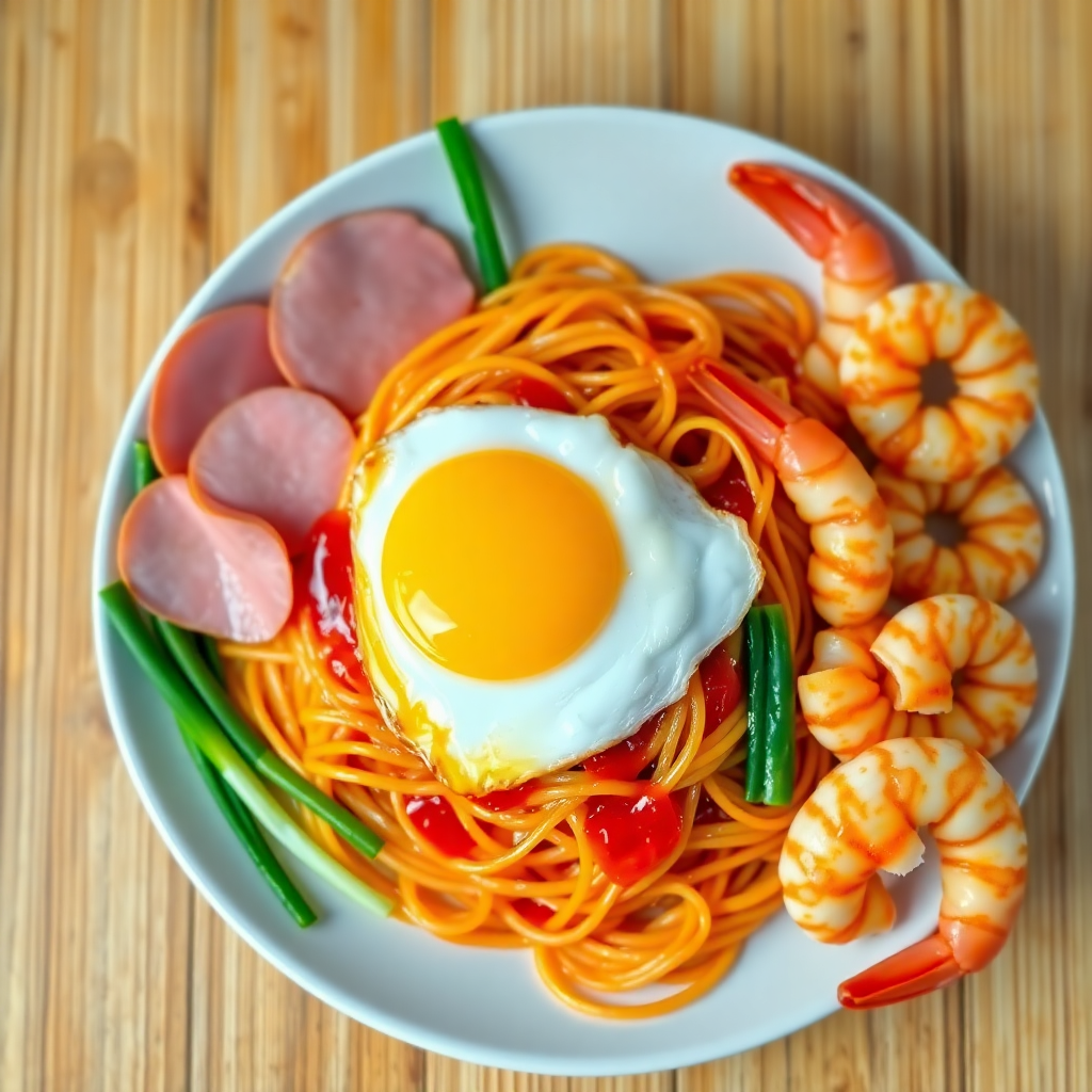 Spicy Fried Noodles with Mortadella, Sunny Side Egg, and Royal Shrimp
