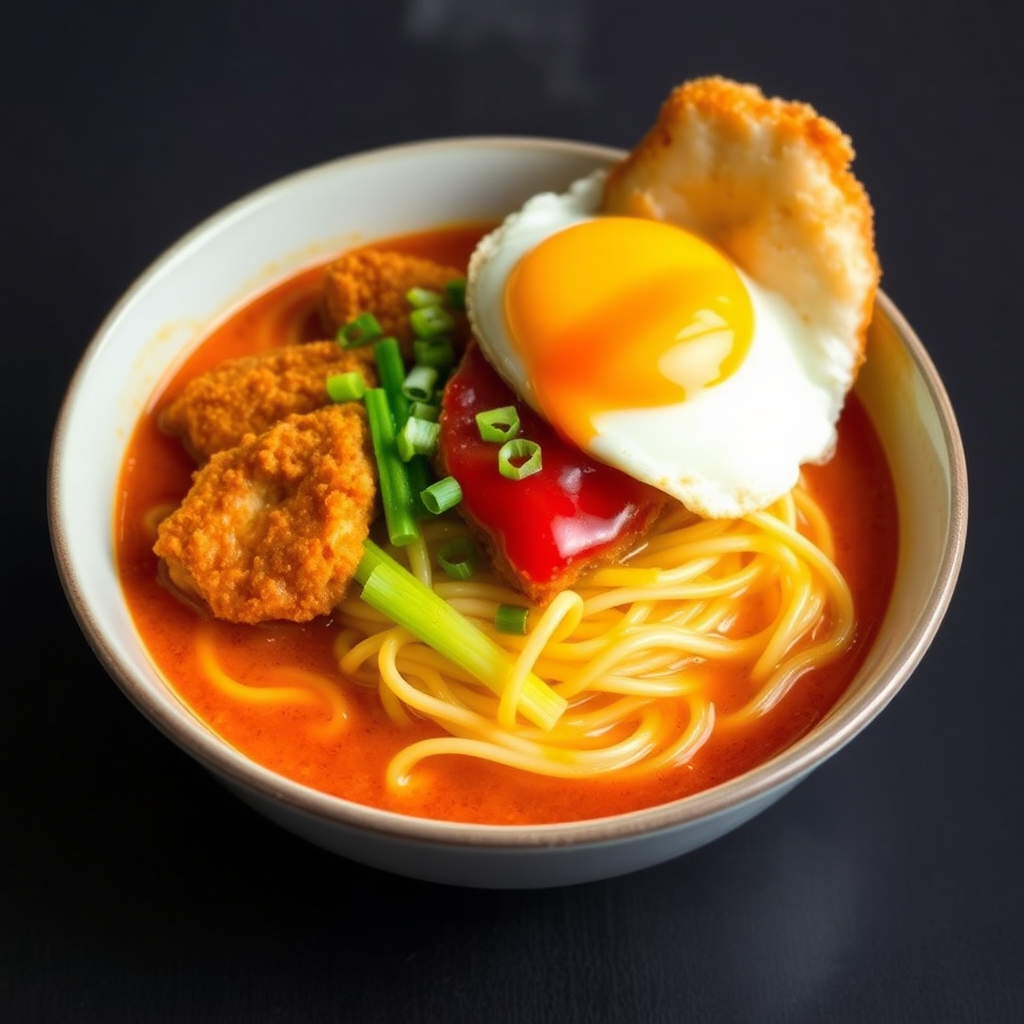 Spicy Japanese Chicken Noodle Soup with Fried Chicken and Sunny Side Egg