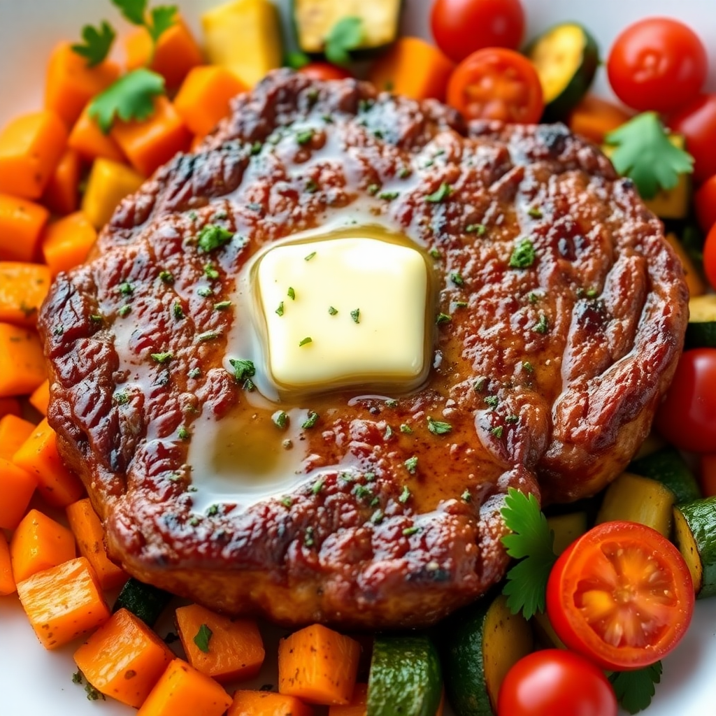 Garlic Butter Beef Steak with Herb Roasted Vegetables