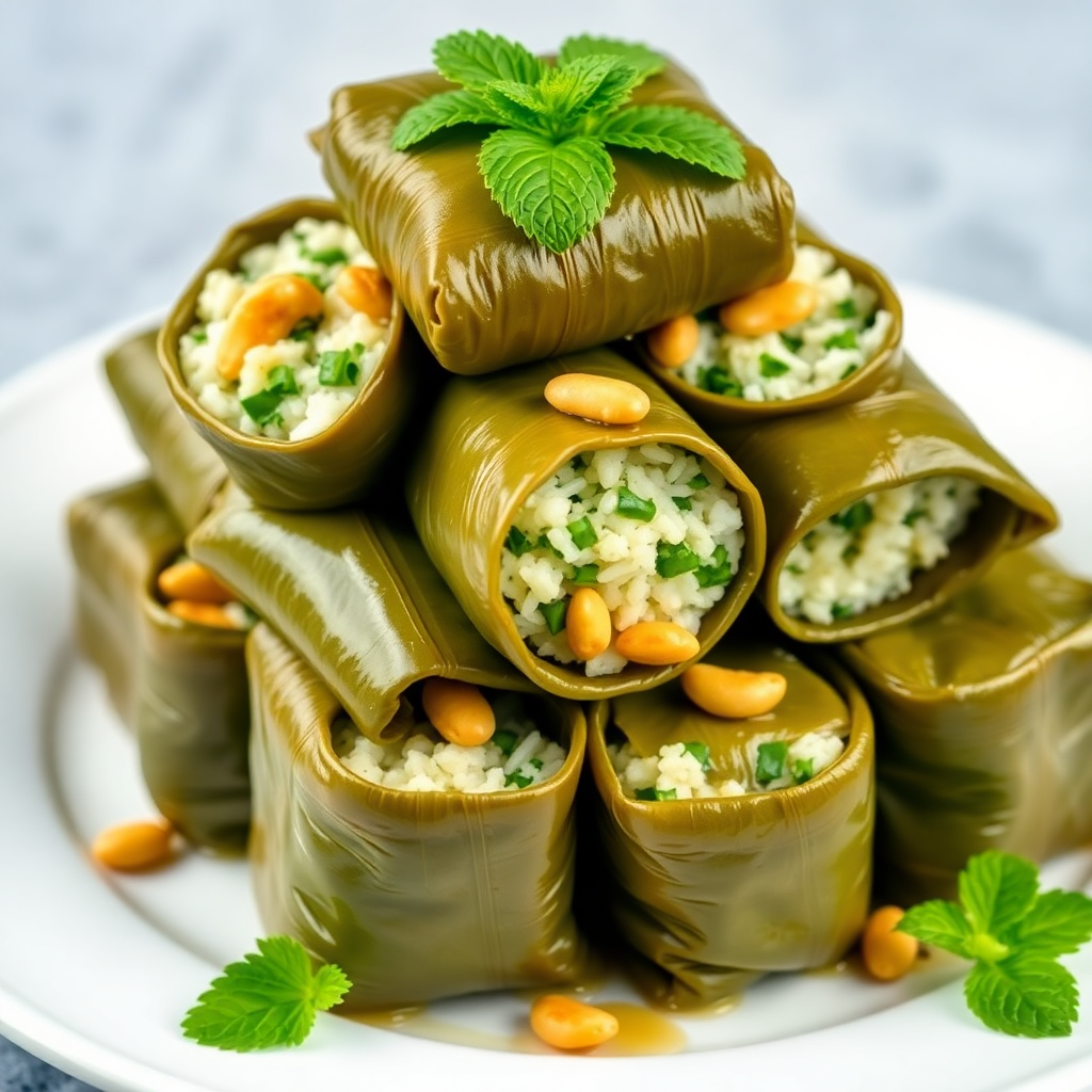 Stuffed Grape Leaves with Rice, Herbs, and Pine Nuts