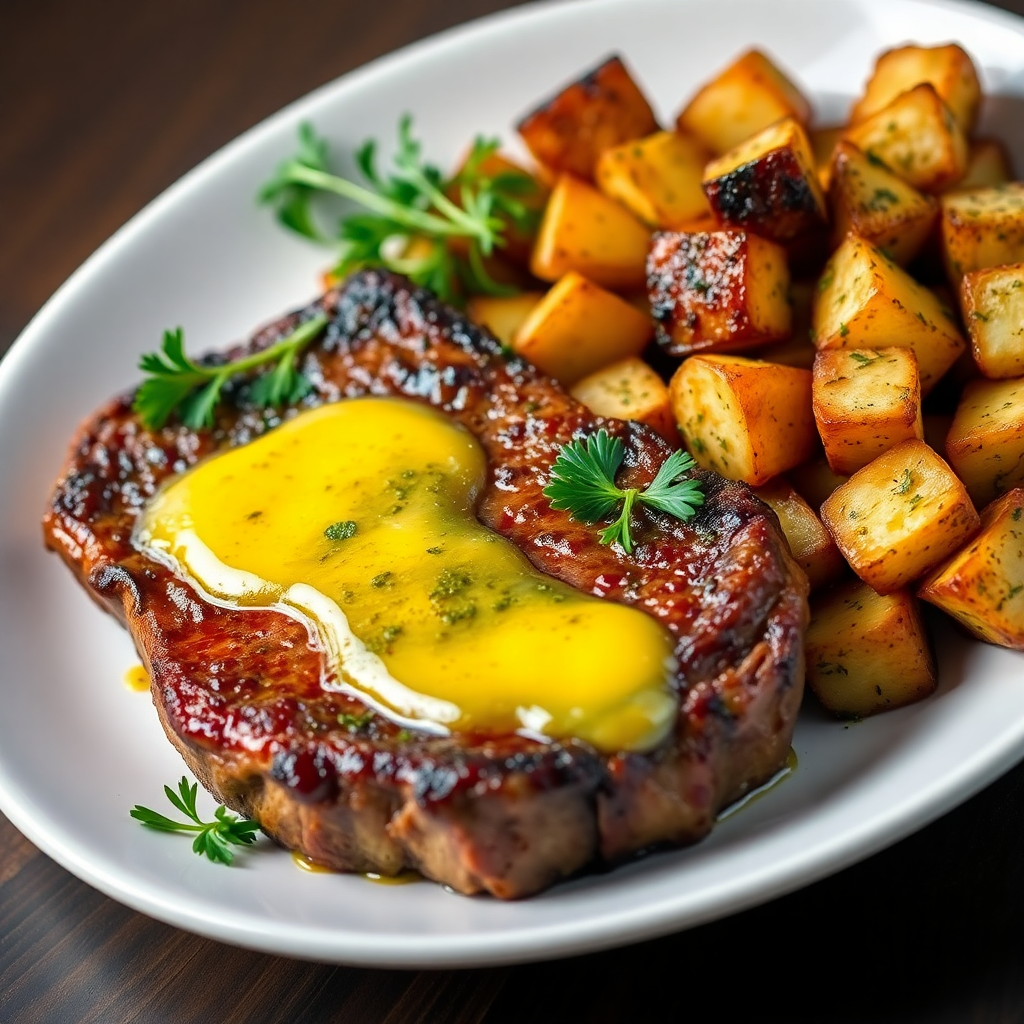 Garlic Butter Beef Steak with Herb Roasted Potatoes
