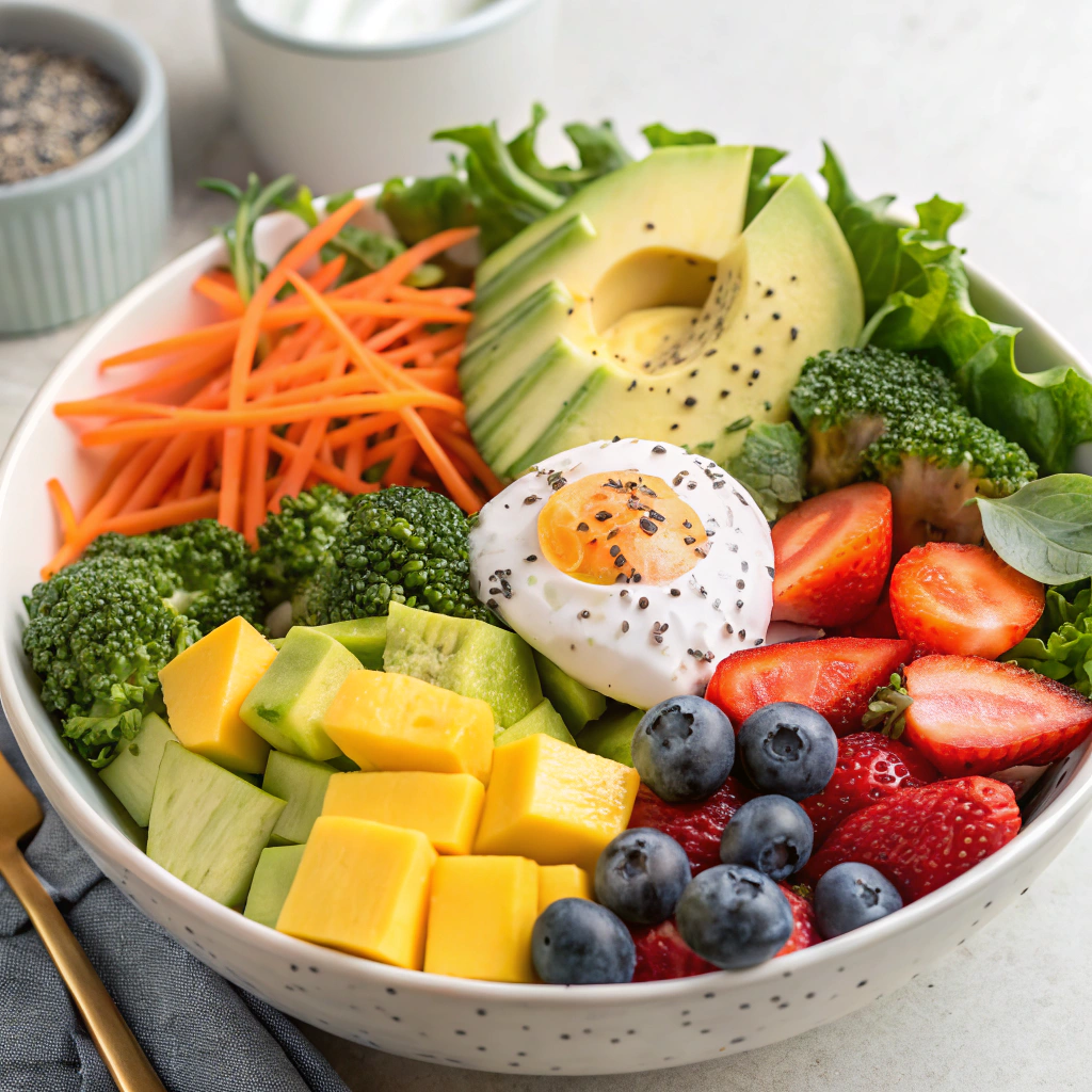Rainbow Veggie & Fruit Power Bowl with Herbed Yogurt Dressing