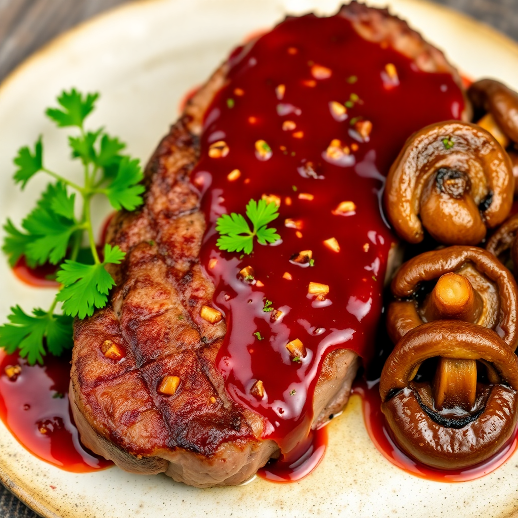 Steak with Red Pepper Garlic Sauce and Butter-Fried Mushrooms