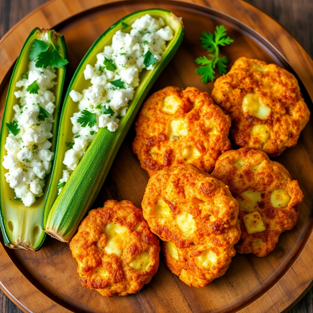 Cheese-Stuffed Zucchini Boats with Baked Cheese Fritters