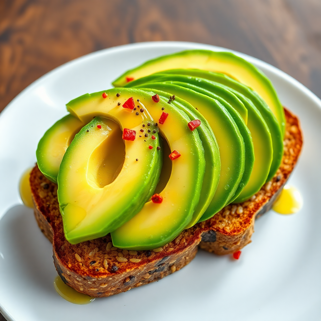 Sliced Avocado on Multigrain Toast with Lemon and Chili Flakes
