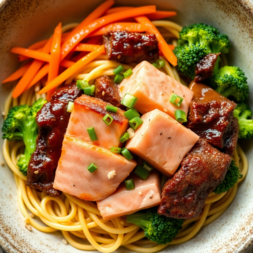 Spicy Gochujang Beef and Salmon Fusili Stir-Fry