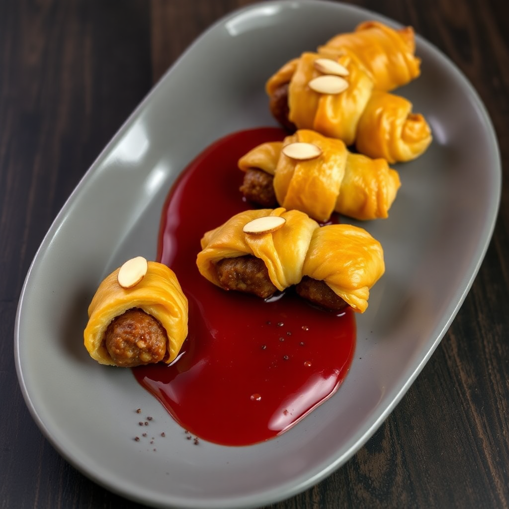 Spooky Sausage Fingers with Almond Claws and Ketchup Blood