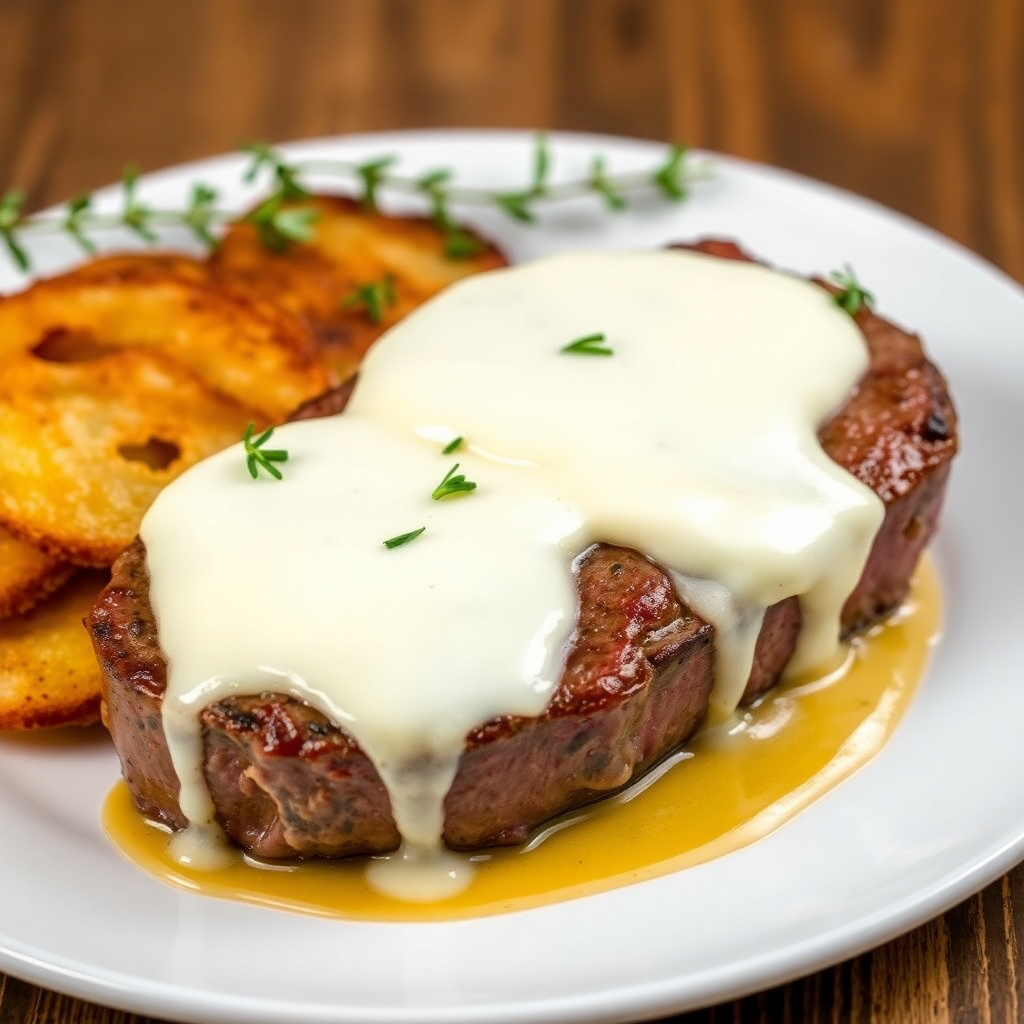 Swiss Steak with Brie Cream and Crispy Pommes de Terre