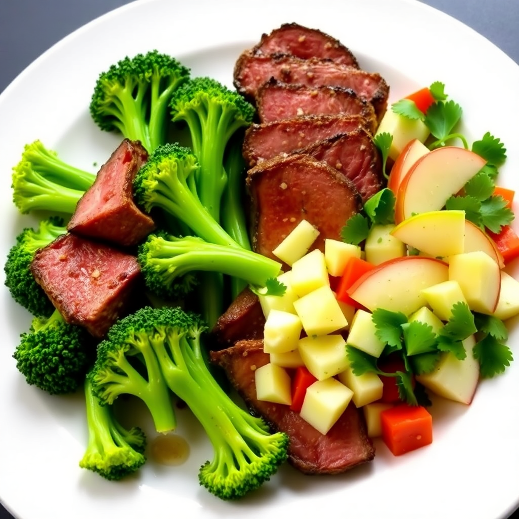 Belgian Beef and Broccoli with Apple-Avocado Salad