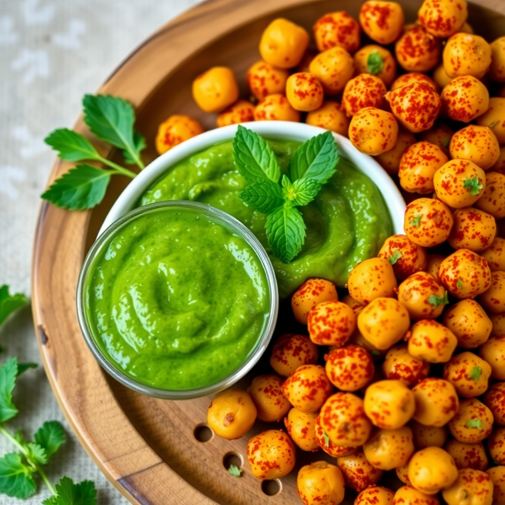 Mint and Coriander Chutney with Roasted Chickpea Snacks