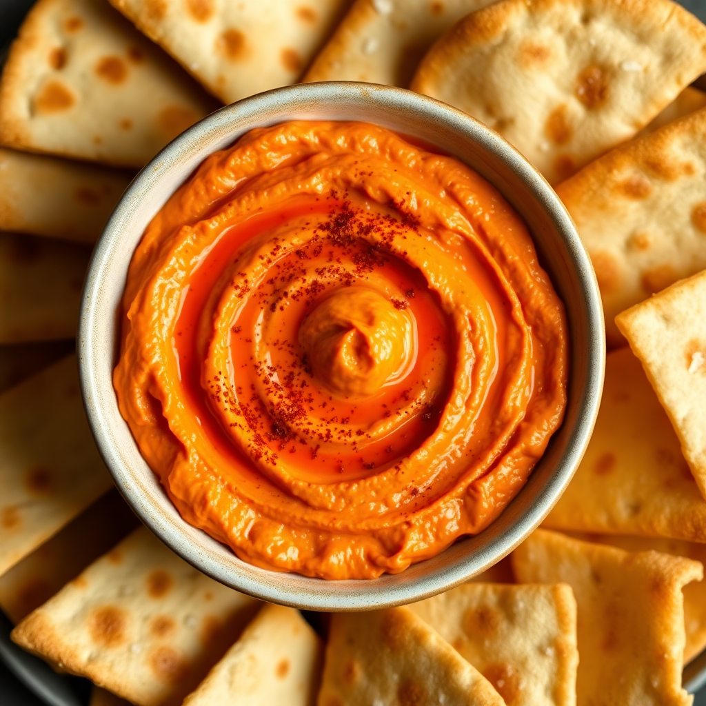 Roasted Red Pepper Hummus with Homemade Pita Chips