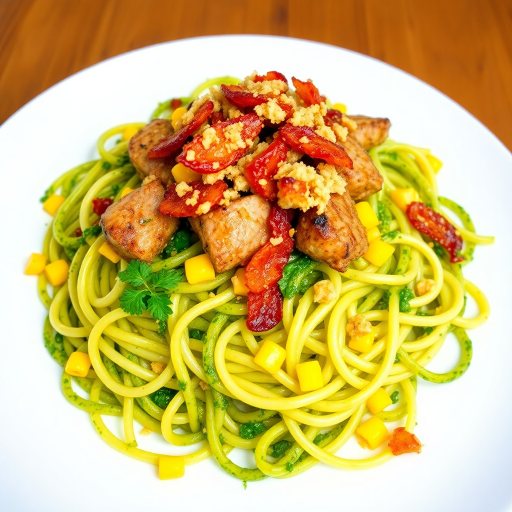 Corn and Pesto Spaghetti with Crispy Bacon Crumble