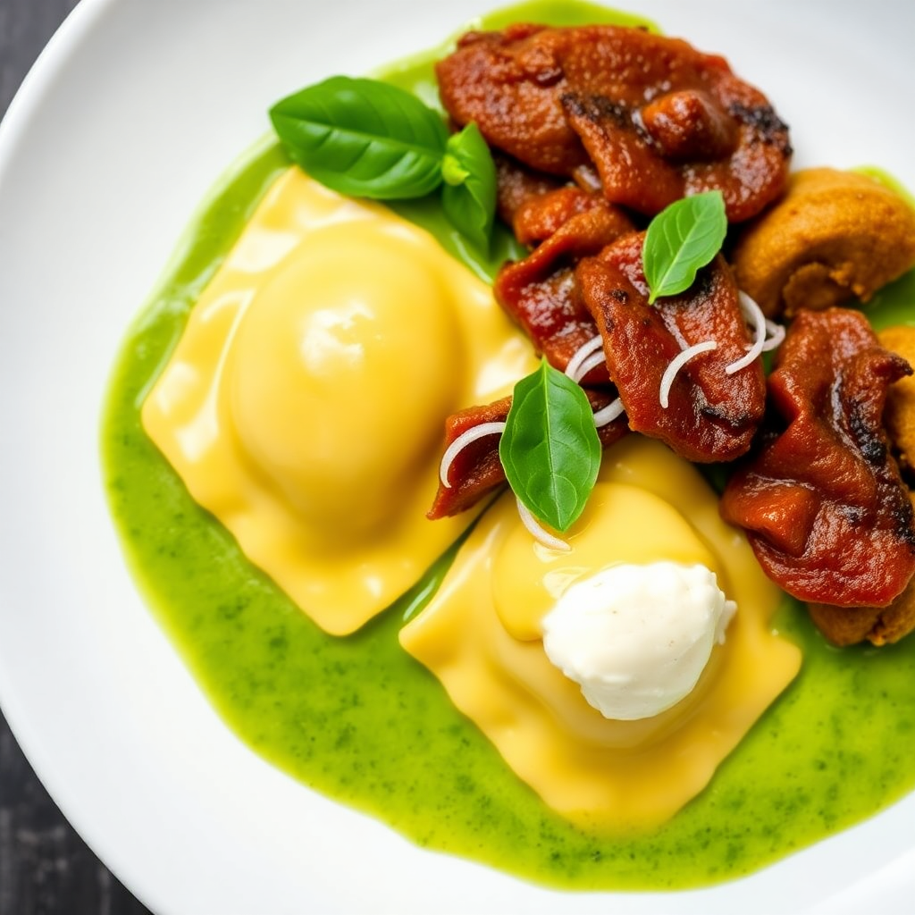 Smoked Duck Ravioli with Green Curry Paste