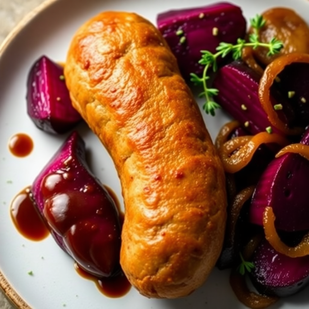 Pea Sausage with Roasted Beetroot and Caramelized Onion