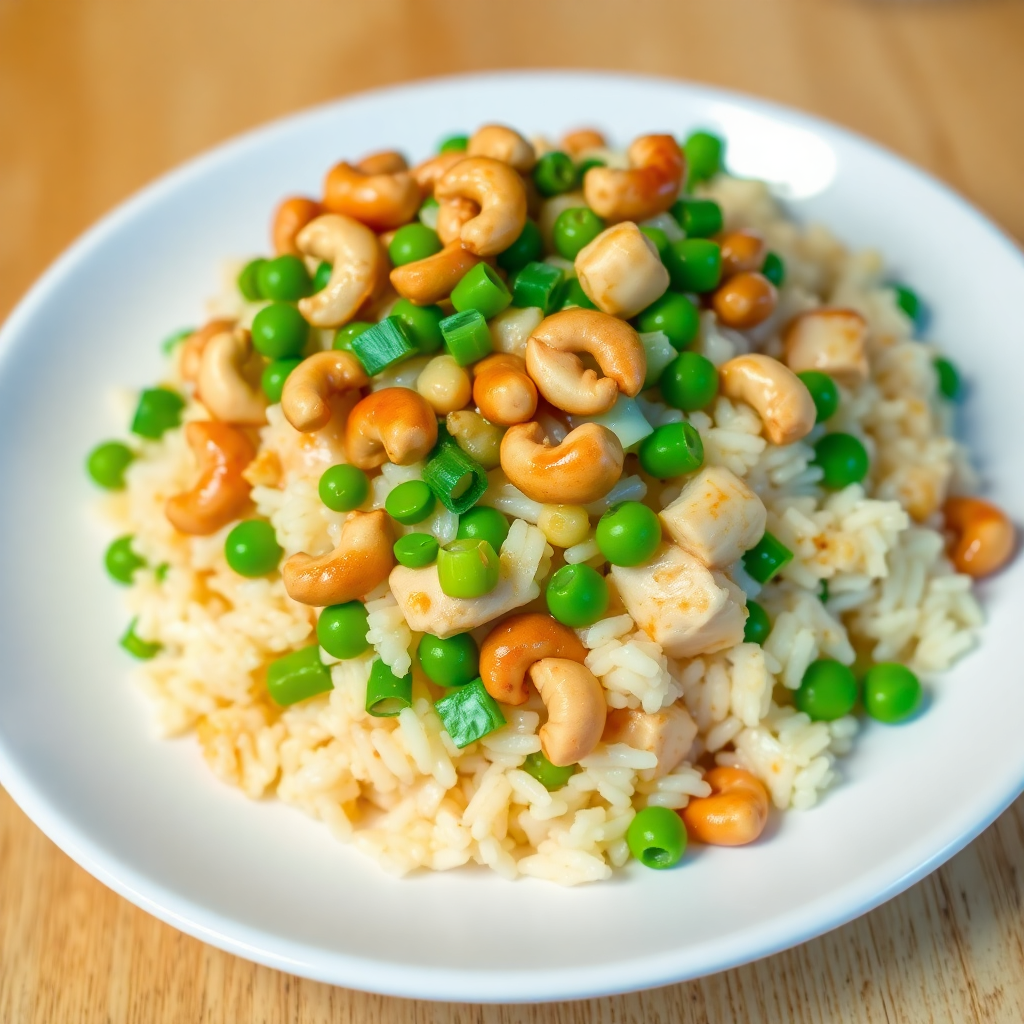 Sesame Chicken Egg Fried Rice with Peas and Cashews