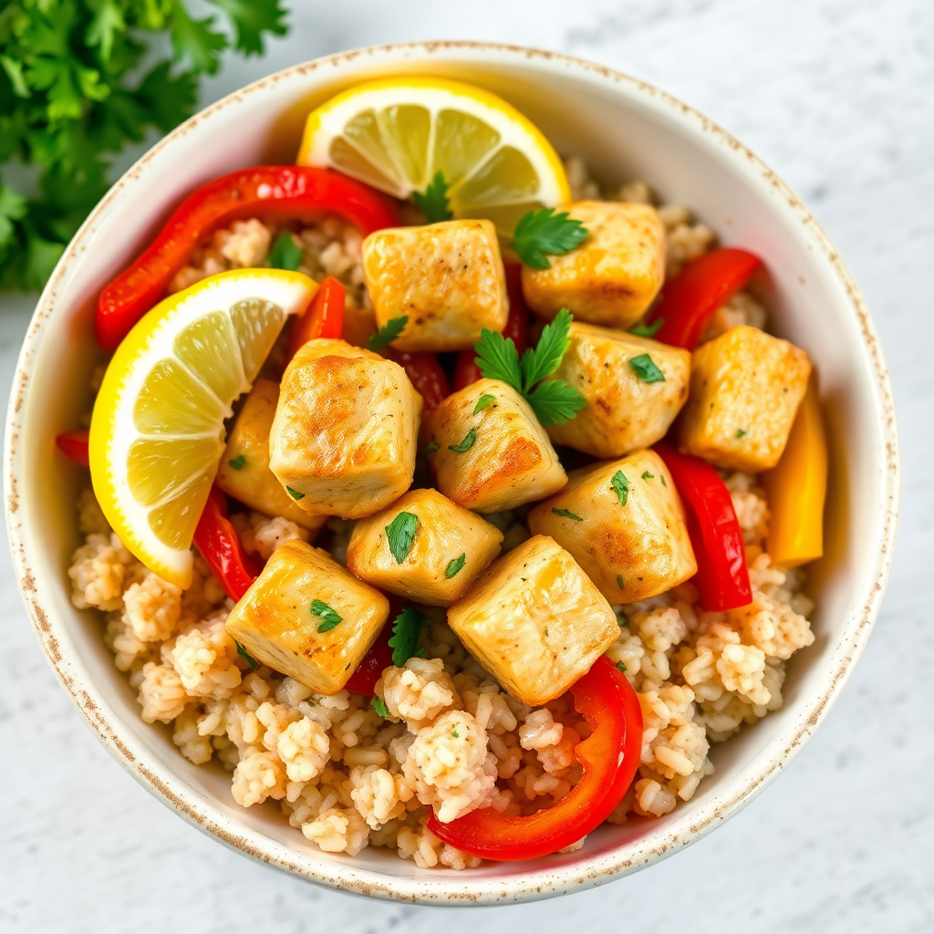 Mediterranean Chicken and Pepper Rice Bowl