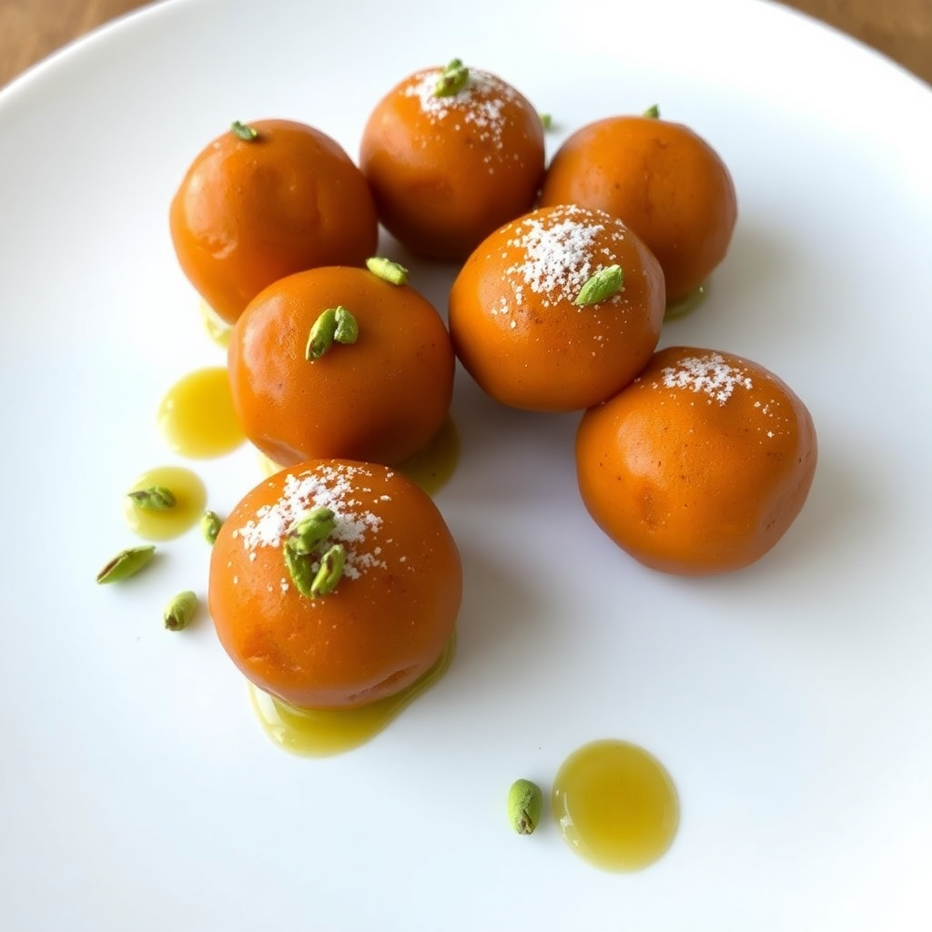 Esferas del Oasis: Golden Sweet Potato Spheres with Warm Spices and Pistachio Dust