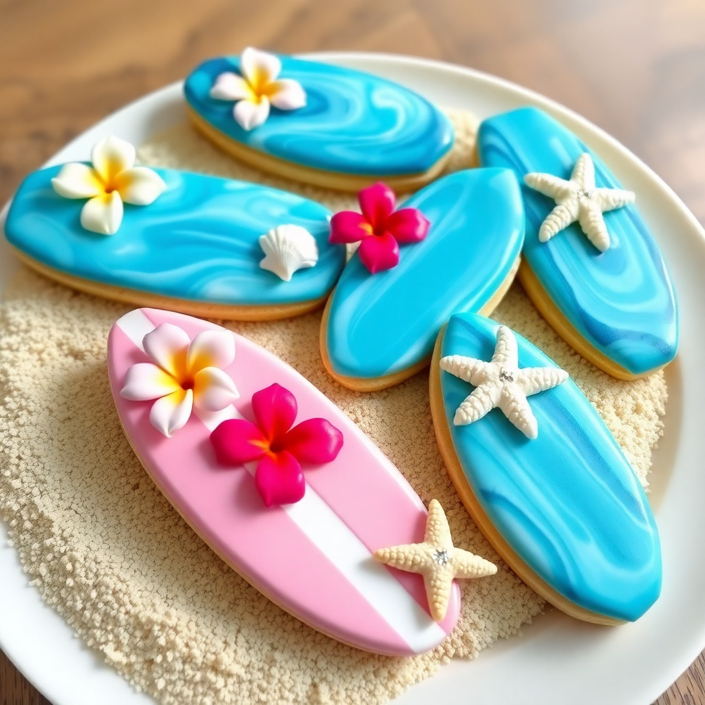 Tropical Hawaiian Flower Surfboard Cookies with Edible Beach Decorations
