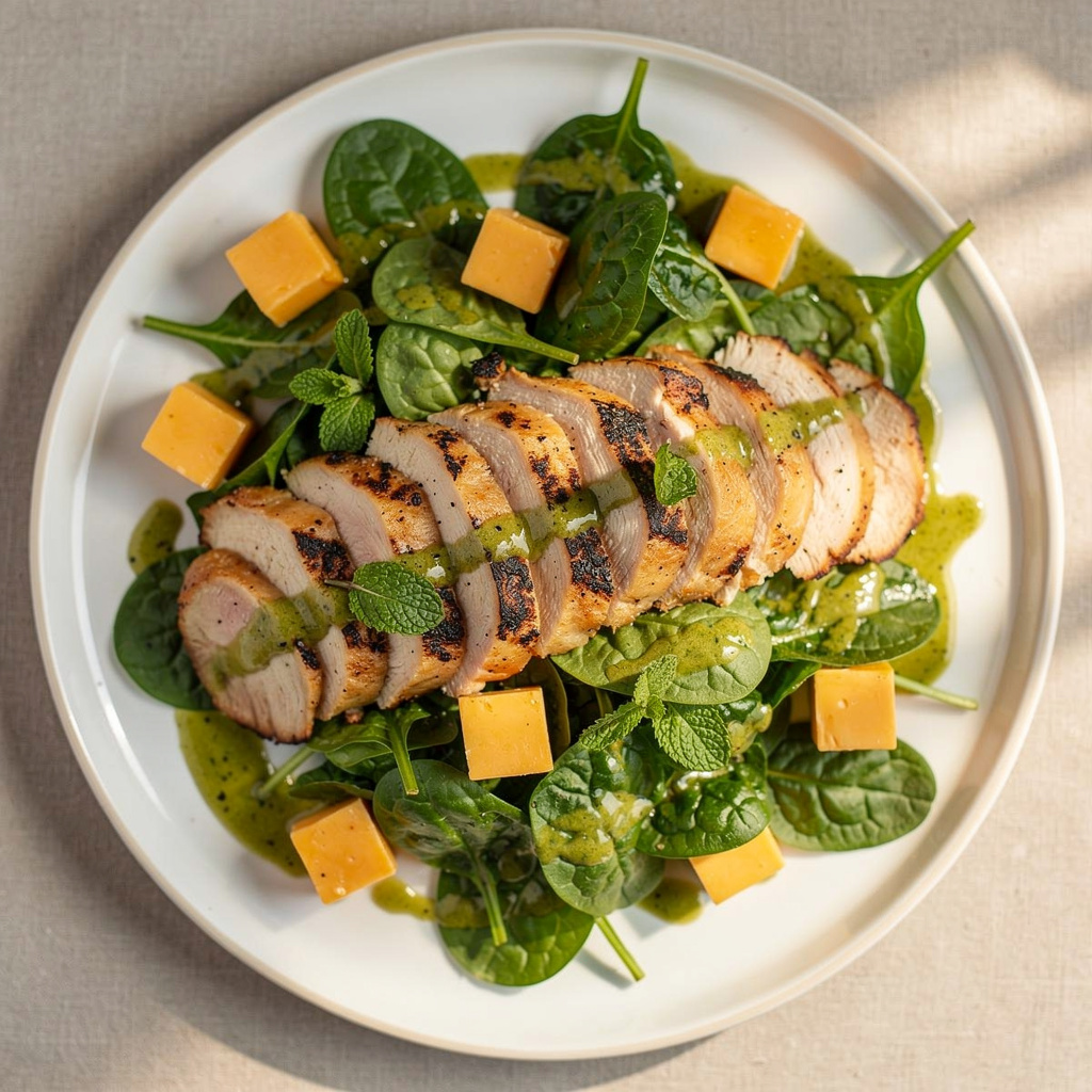 Grilled Chicken Spinach Salad with Cheddar & Creamy Mint Dressing