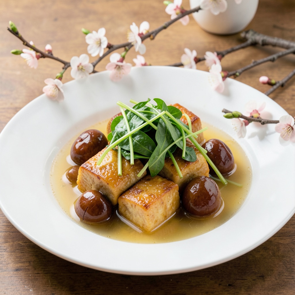 Peach Blossom Infused Braised Tofu with Chestnuts and Water Spinach