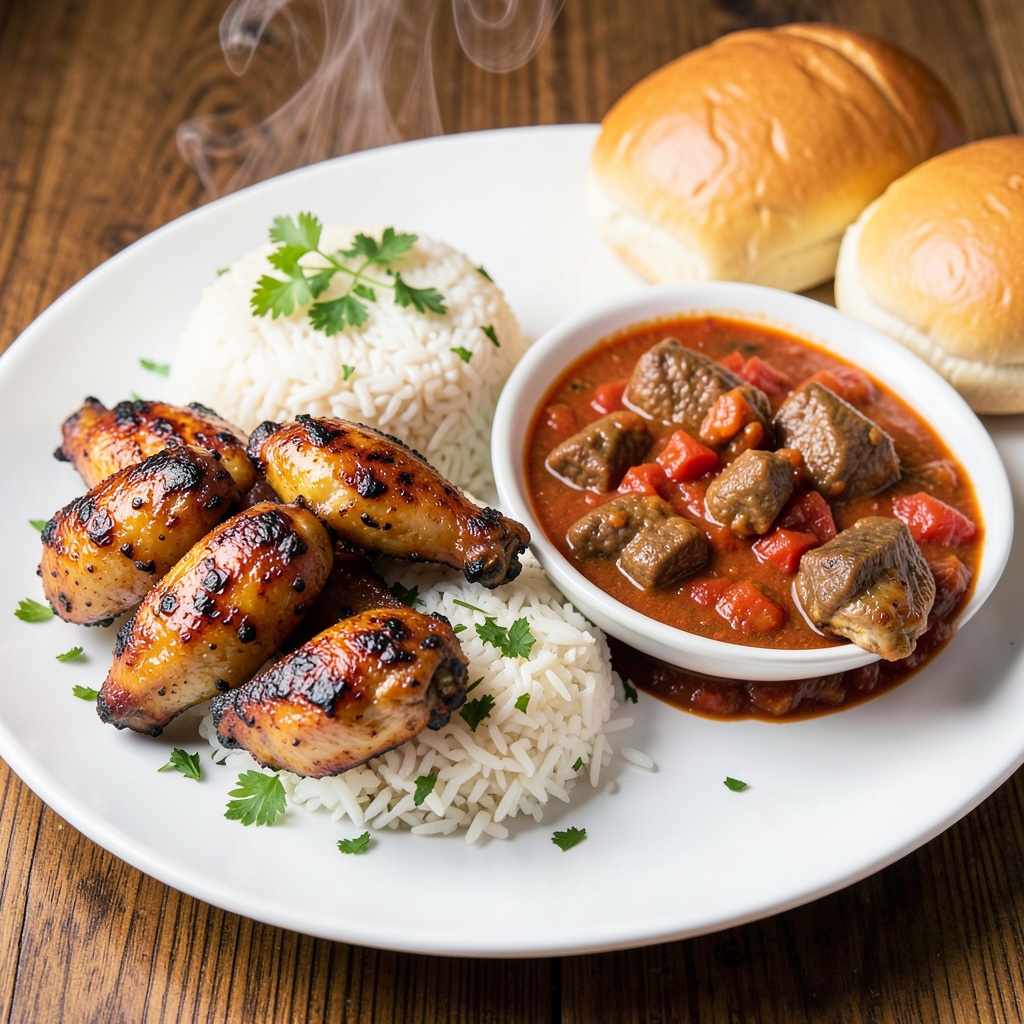 Grilled Chicken Wings with Spicy Goulash, Rice, and Butter Soft Buns