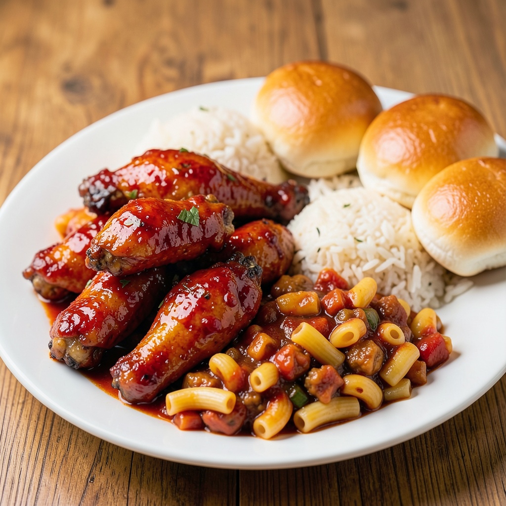 Spicy Asian Sticky Chicken Wings with Hungarian Goulash Macaroni, Fluffy Rice & Buttered Buns