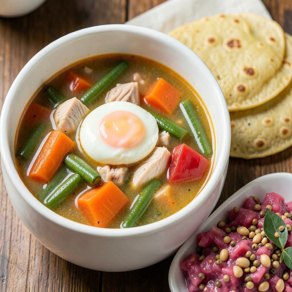 Hearty Chicken Veggie Egg Soup with Moong Dal Dosa and Pink Peanut Chutney