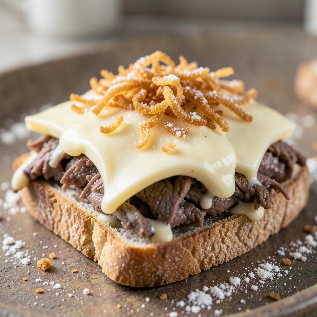 Genovese Style Shredded Beef Sandwich with Provolone and Fried Onions