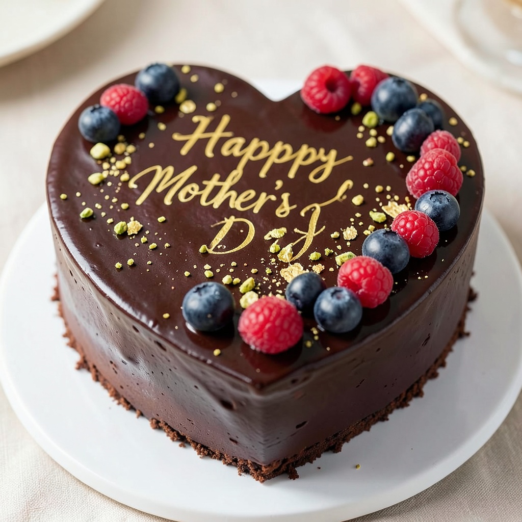 Mother's Day Heart-Shaped Chocolate Pistachio Berry Cake with Gold Leaf