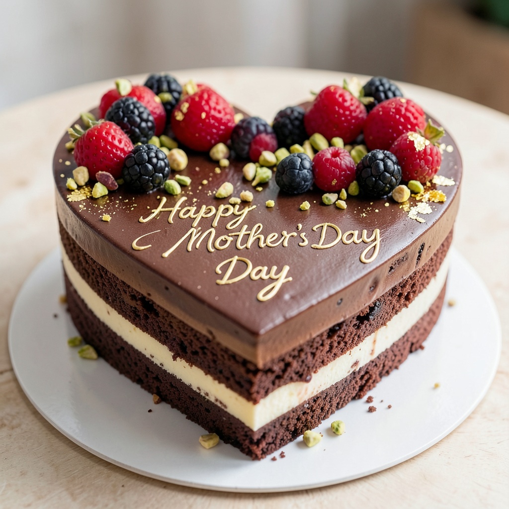 Mother's Day Heart-Shaped Chocolate-Vanilla Cake with Pistachio, Berries & Edible Gold