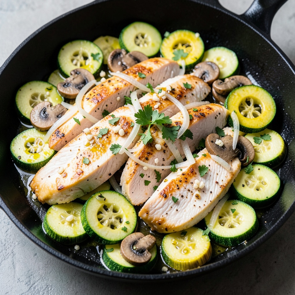 Sautéed Chicken Breast with Zucchini, Yellow Squash, and Mushrooms