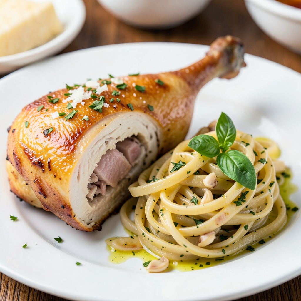 Garlic Parmesan Stuffed Chicken Thighs with Garlic Herb Pasta