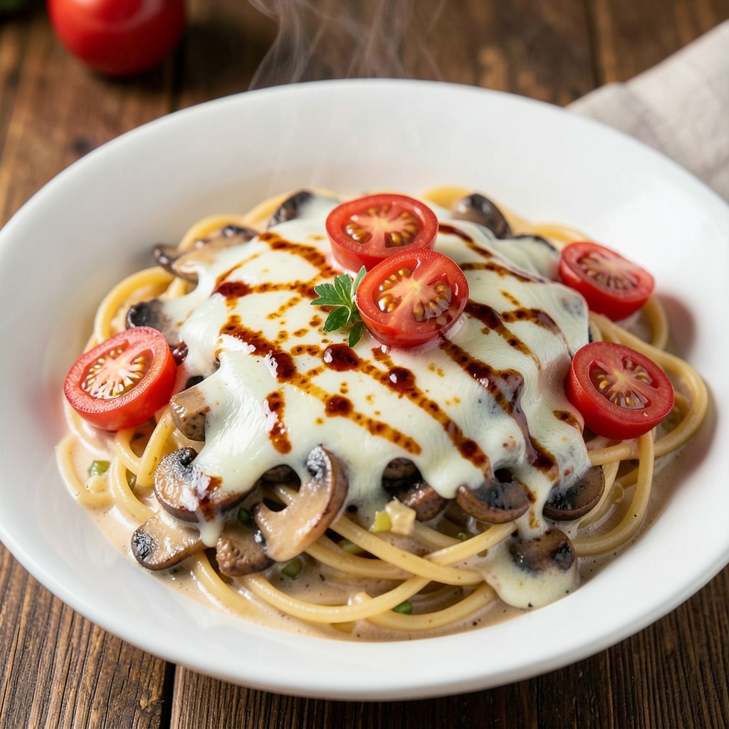 Creamy Spaghetti with Mushrooms, Eggs, and Trio Cheese Melt
