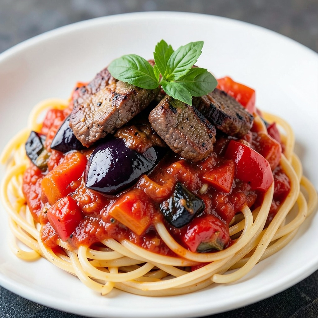 Oven-Roasted Vegetable Beef Spaghetti