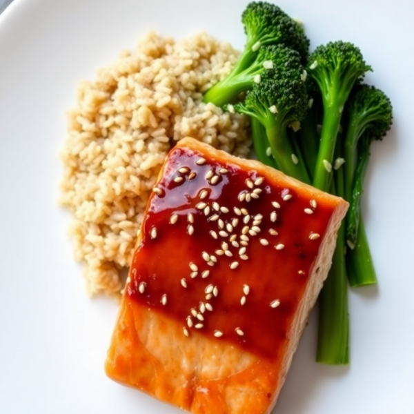 Miso Glazed Salmon with Brown Rice and Sautéed Chinese Broccoli