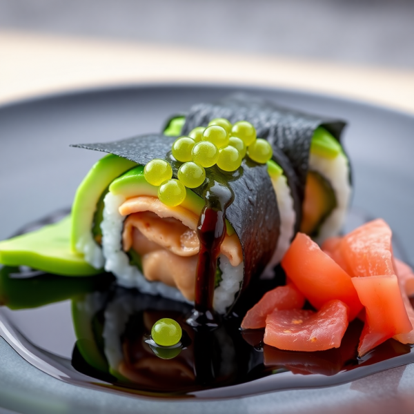 Kangaroo Sushi with Finger Lime Caviar and Kakadu Plum Soy Sauce