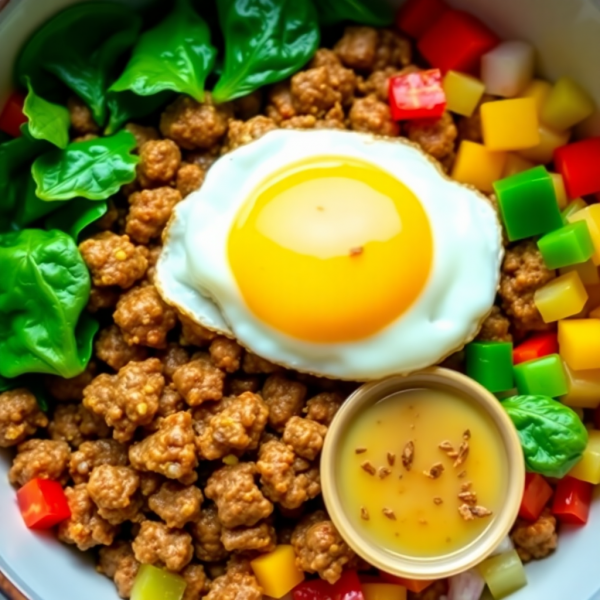 Savory Beef and Veggie Breakfast Bowl with Egg and Garlic Sauce