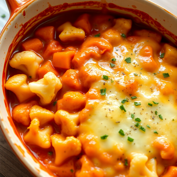 Cheesy Cauliflower and Sweet Potato Pasta Bake